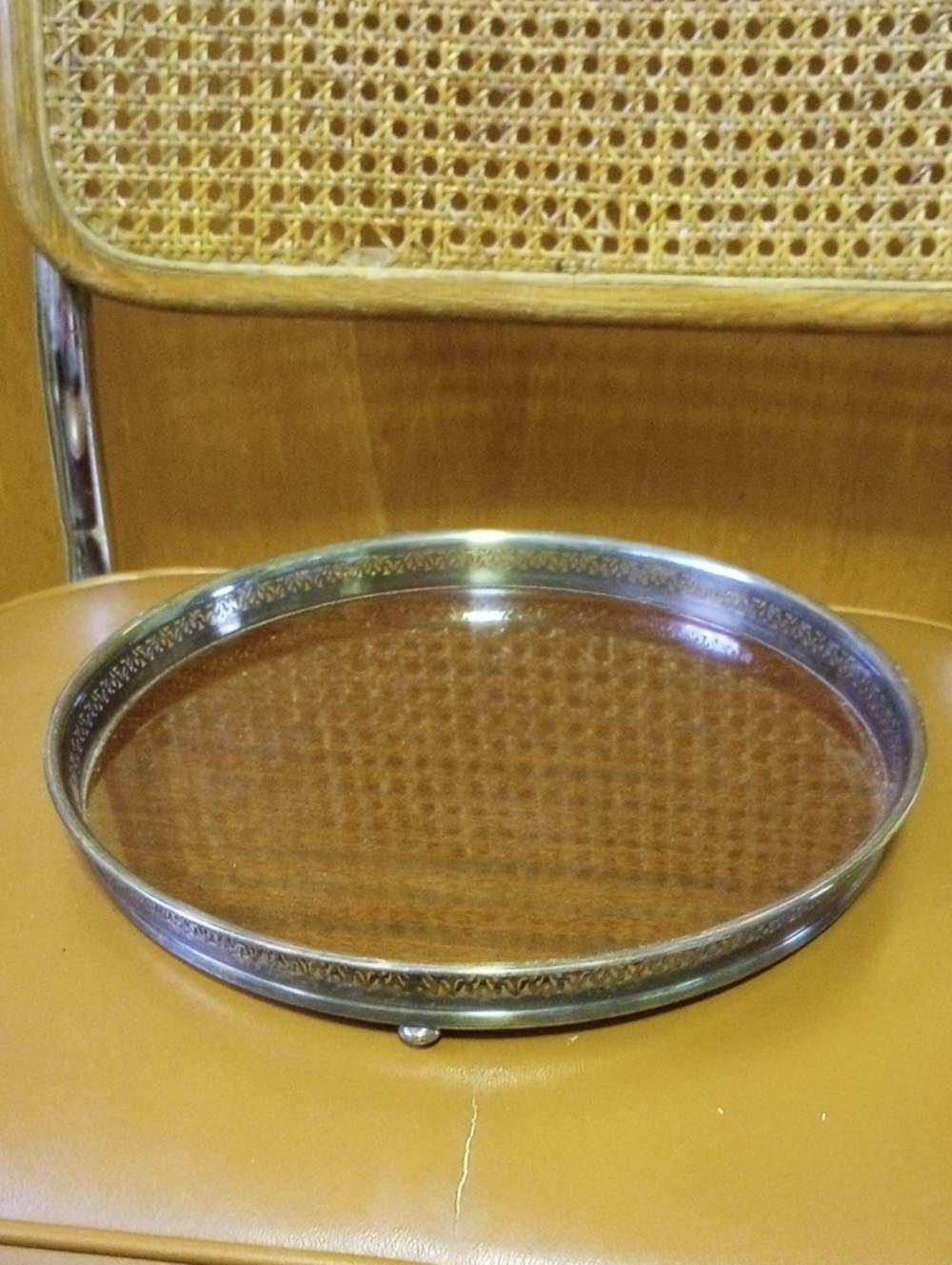Crescent Classic Vintage Round Silver Plate Tray w/ Wood Tone Formica Bottom